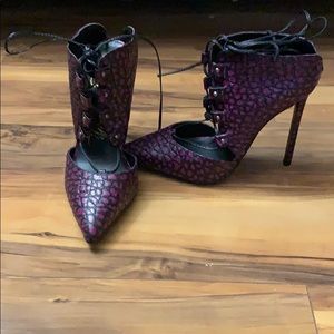 Open heel purple snake stilettos